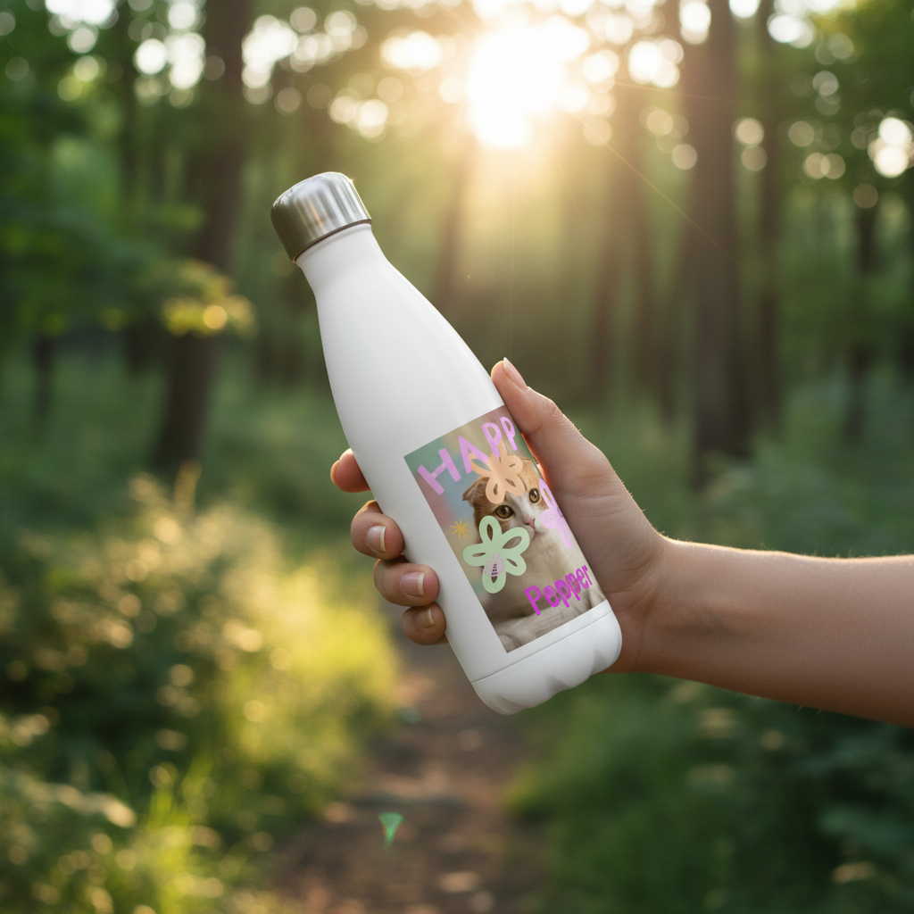 Personalized pet photo water bottle held outdoors on a hiking trail — PawCraft Essentials