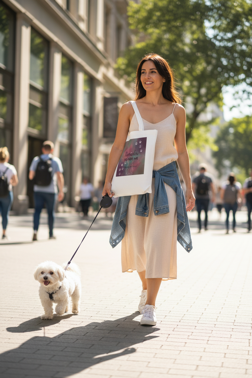 Personalized white classic tote bag worn on city street with small dog