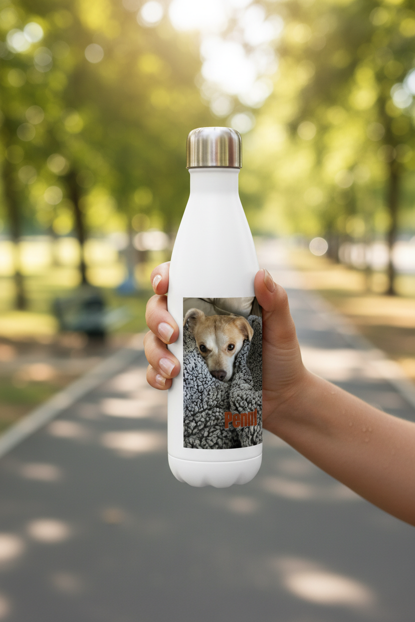 Woman holding Personalized Pet Water Bottle – Cozy up lifestyle photo