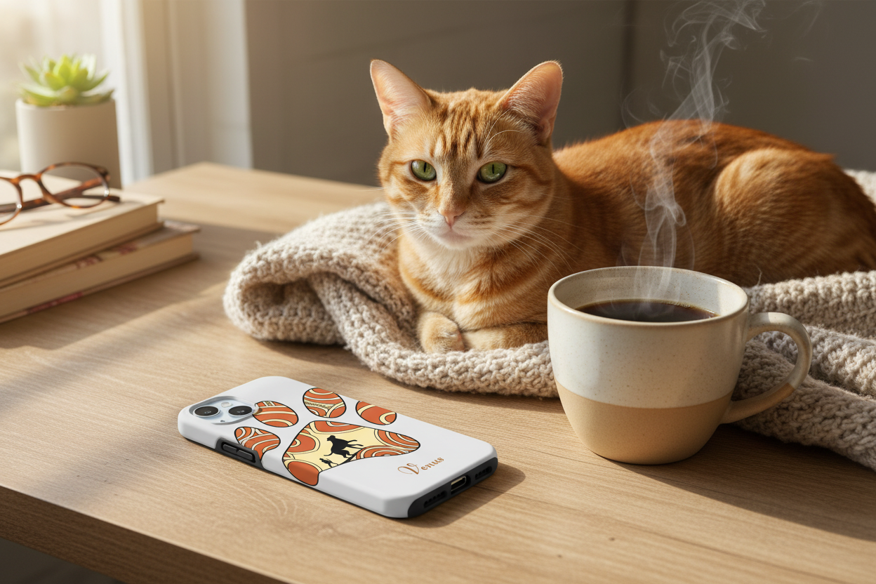 Personalized tough iPhone case on desk with coffee mug and cat