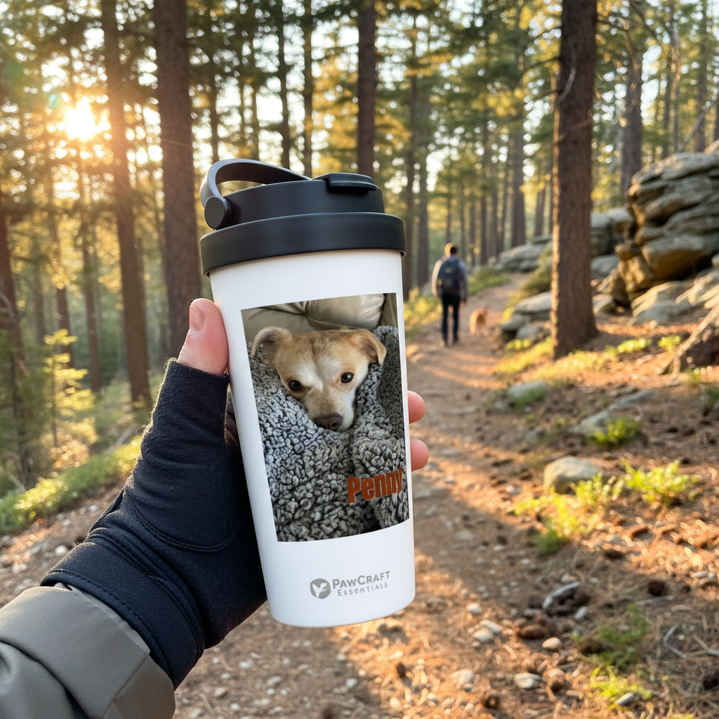 Personalized pet travel mug outdoor adventure shot