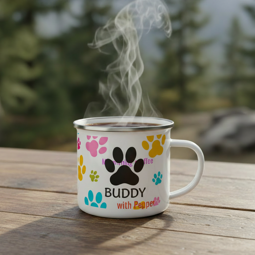 Close-up of personalized enamel pet mug on wooden table with steam