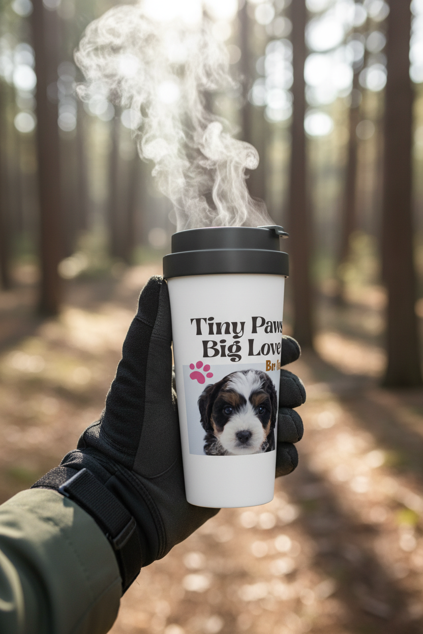 Personalized travel mug held on hiking trail with forest background