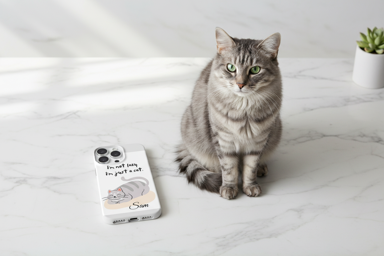 Personalized slim iPhone case on marble countertop with cat beside it