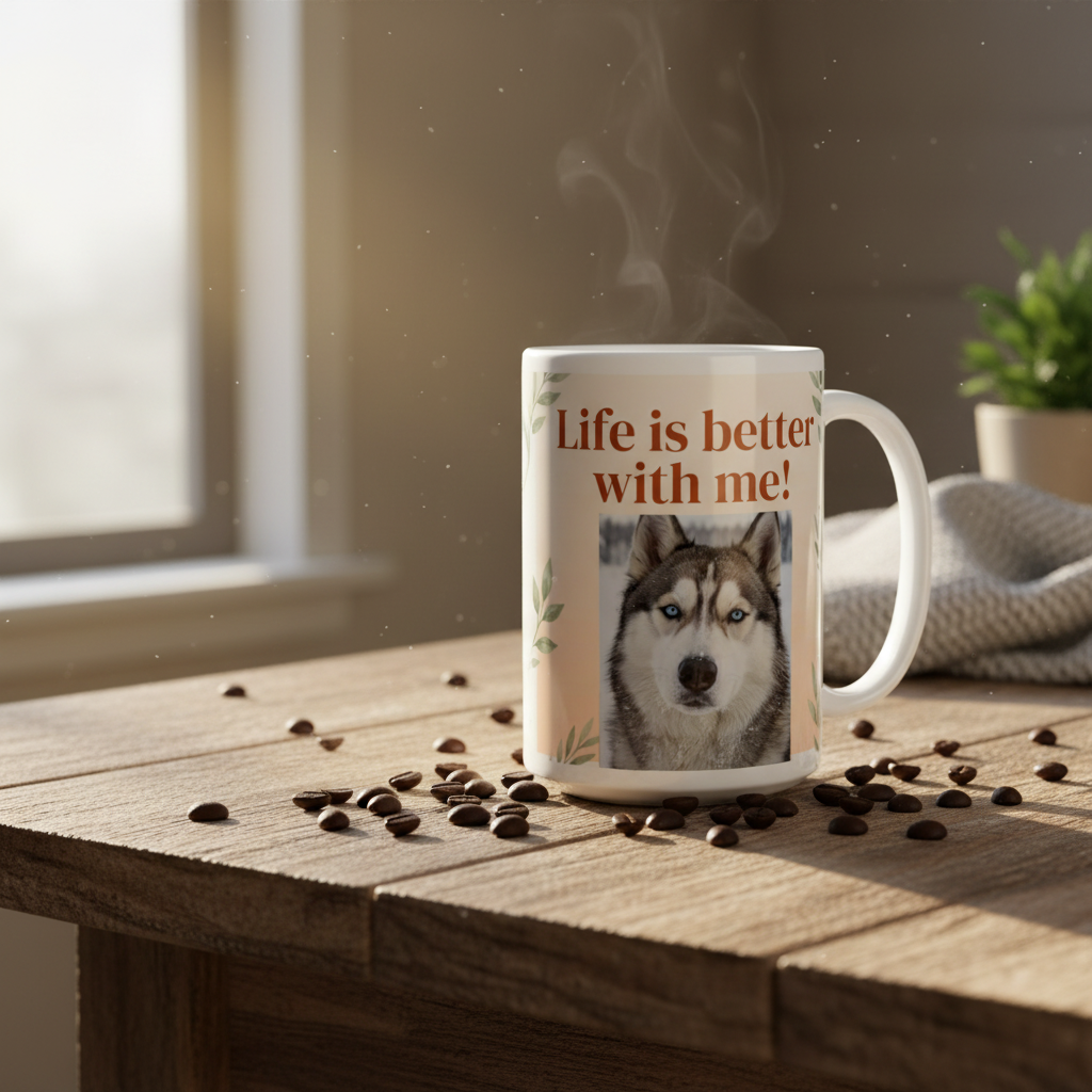 Personalized husky ceramic mug on rustic breakfast table with morning light — PawCraft Essentials