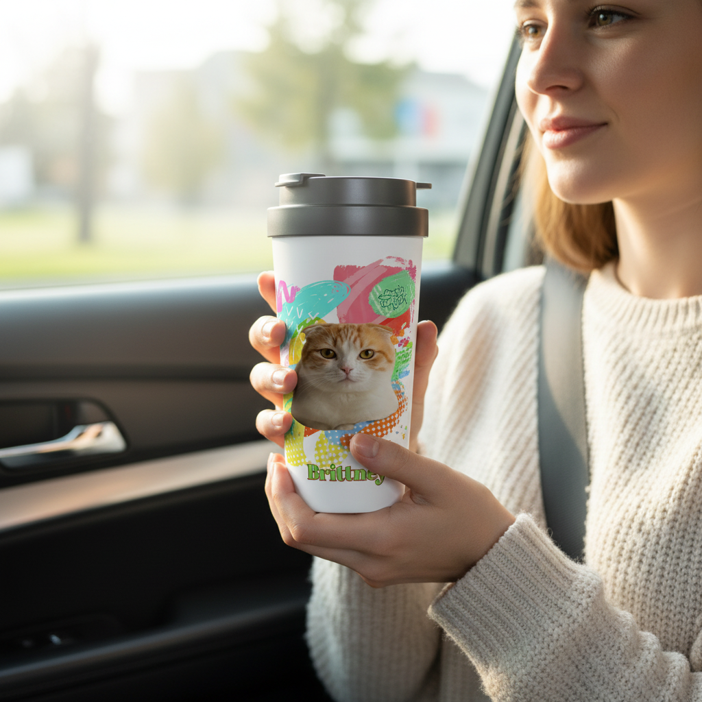 Personalized cat travel mug held by woman commuting in car — PawCraft Essentials