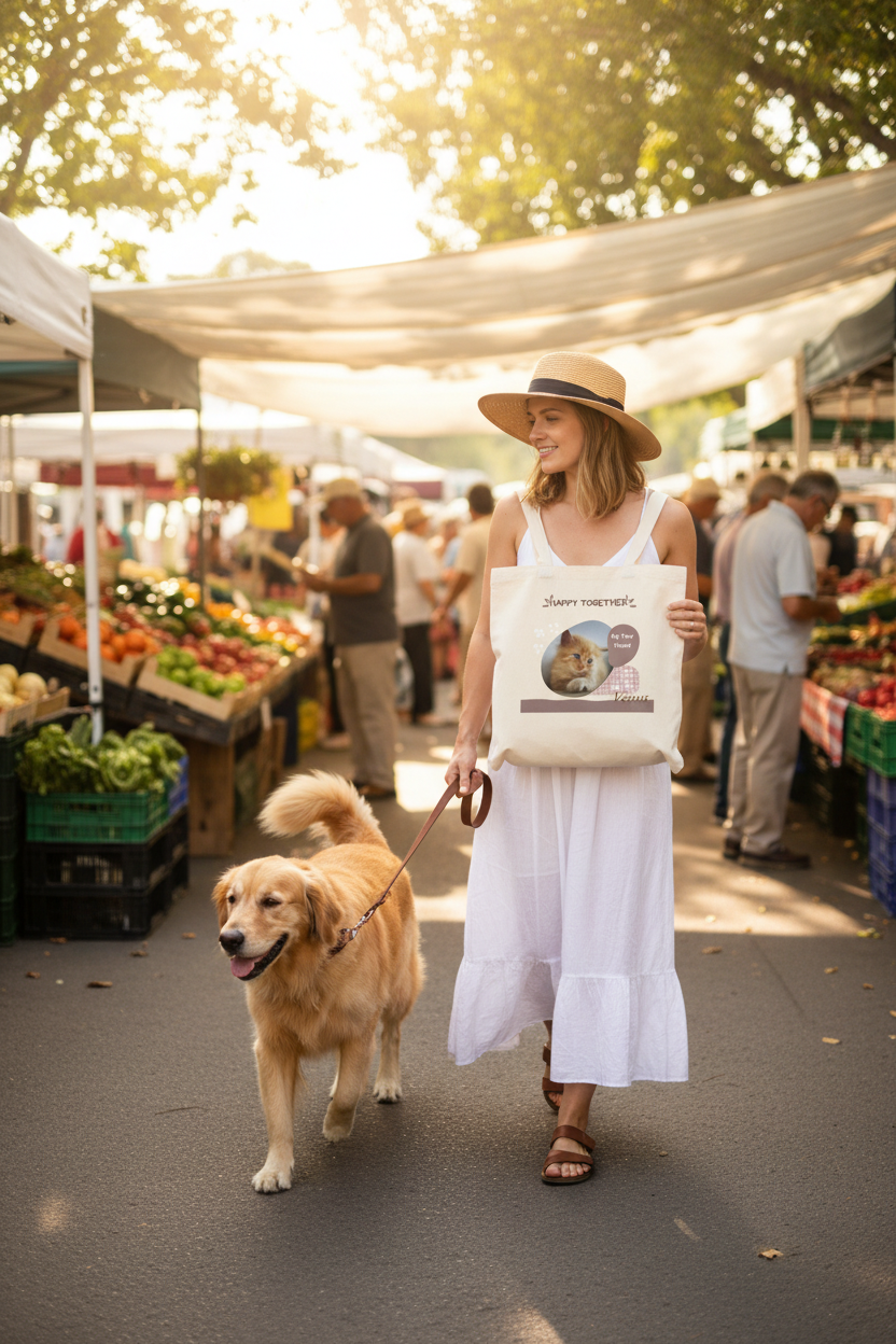 Personalized natural premium tote bag worn at farmers market with golden retriever