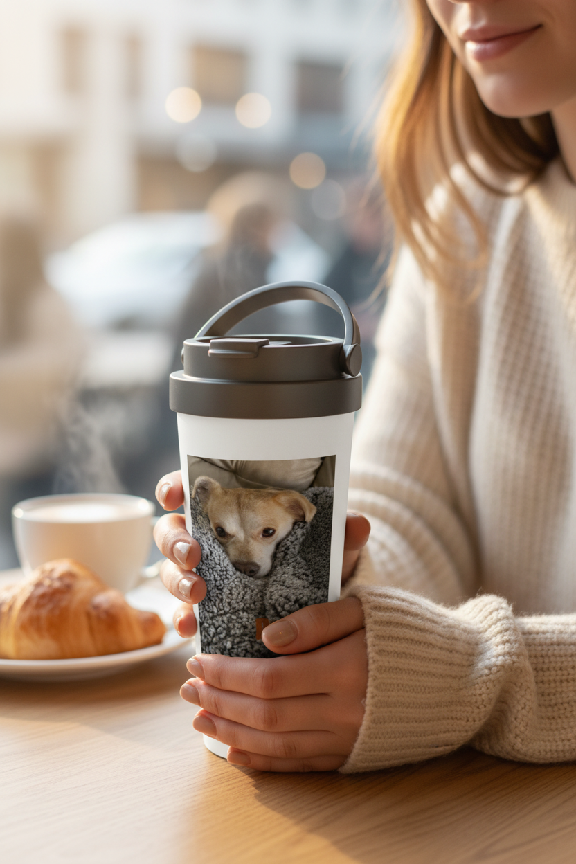 Woman holding White 15oz Stainless Steel Travel Mug lifestyle photo