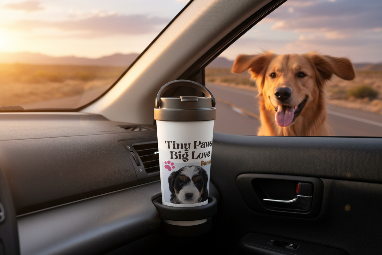 Personalized travel mug in car cup holder with dog looking out window