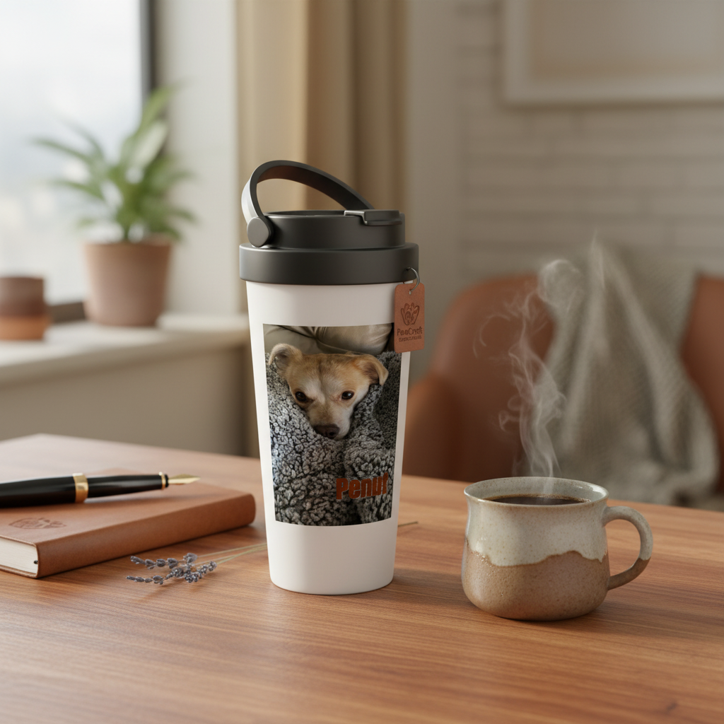 Personalized pet travel mug on morning desk lifestyle shot