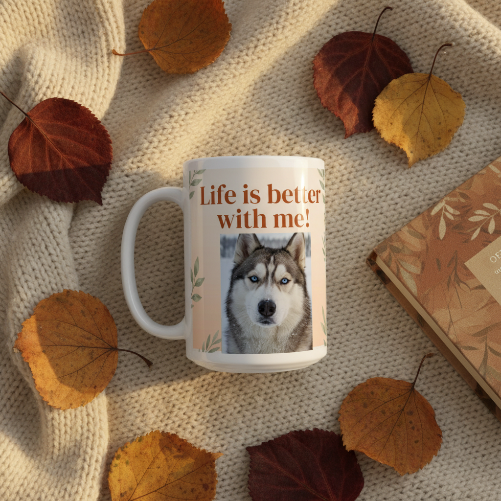 Personalized husky ceramic mug flat lay on cozy blanket with autumn leaves — PawCraft Essentials