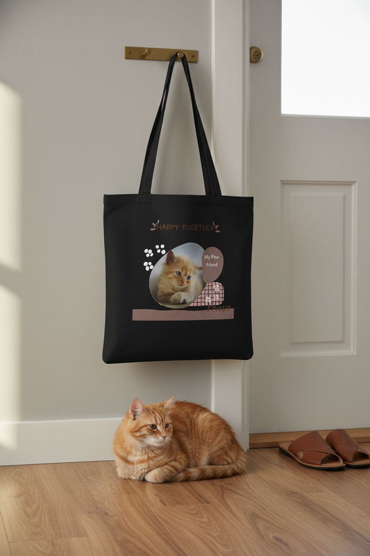 Personalized black premium tote bag hanging by door with cat beside it