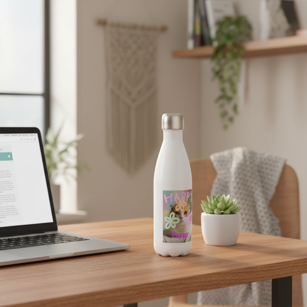 Personalized pet photo water bottle on home office desk with laptop — PawCraft Essentials