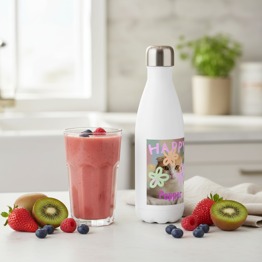 Personalized pet photo water bottle on kitchen counter with fresh fruit and smoothie — PawCraft Essentials