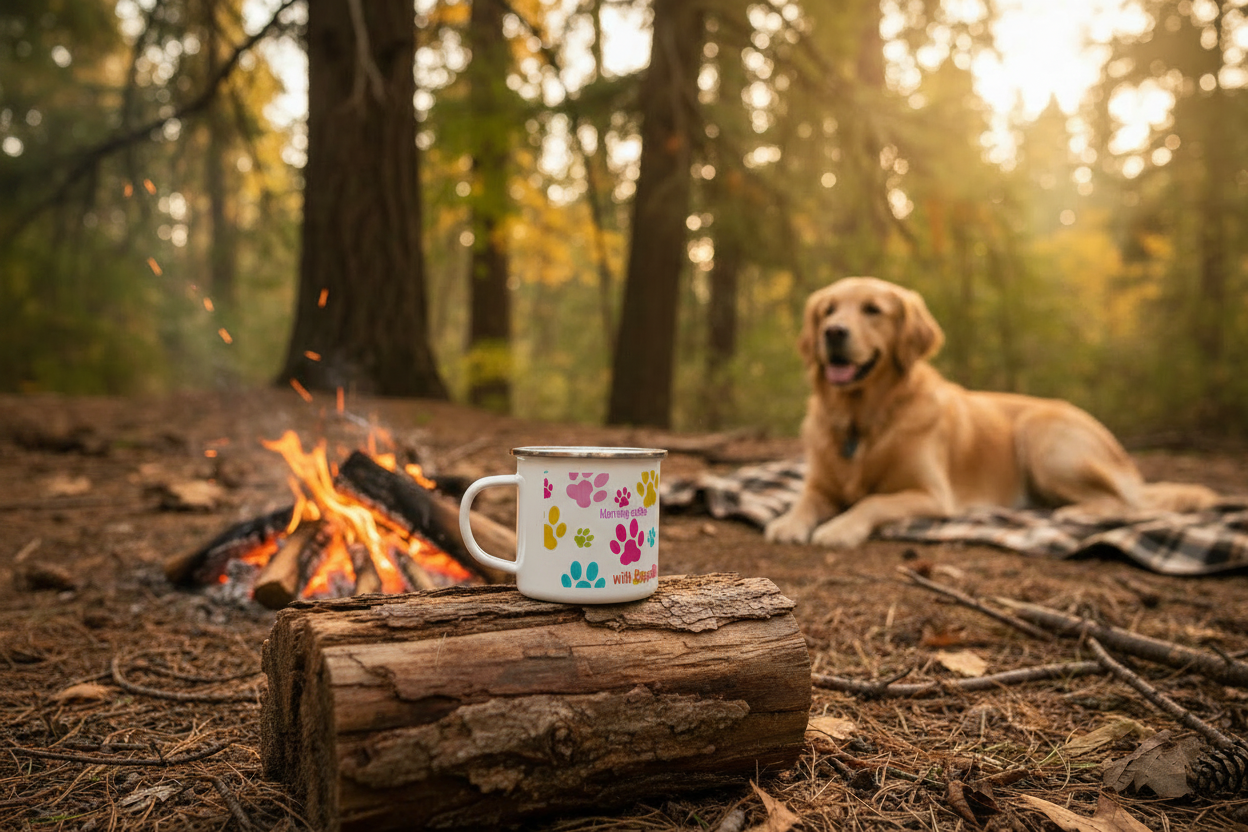 Personalized enamel camping mug by campfire with golden retriever