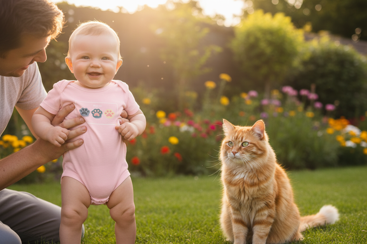 Baby in pink personalized bodysuit held by parent with cat in garden