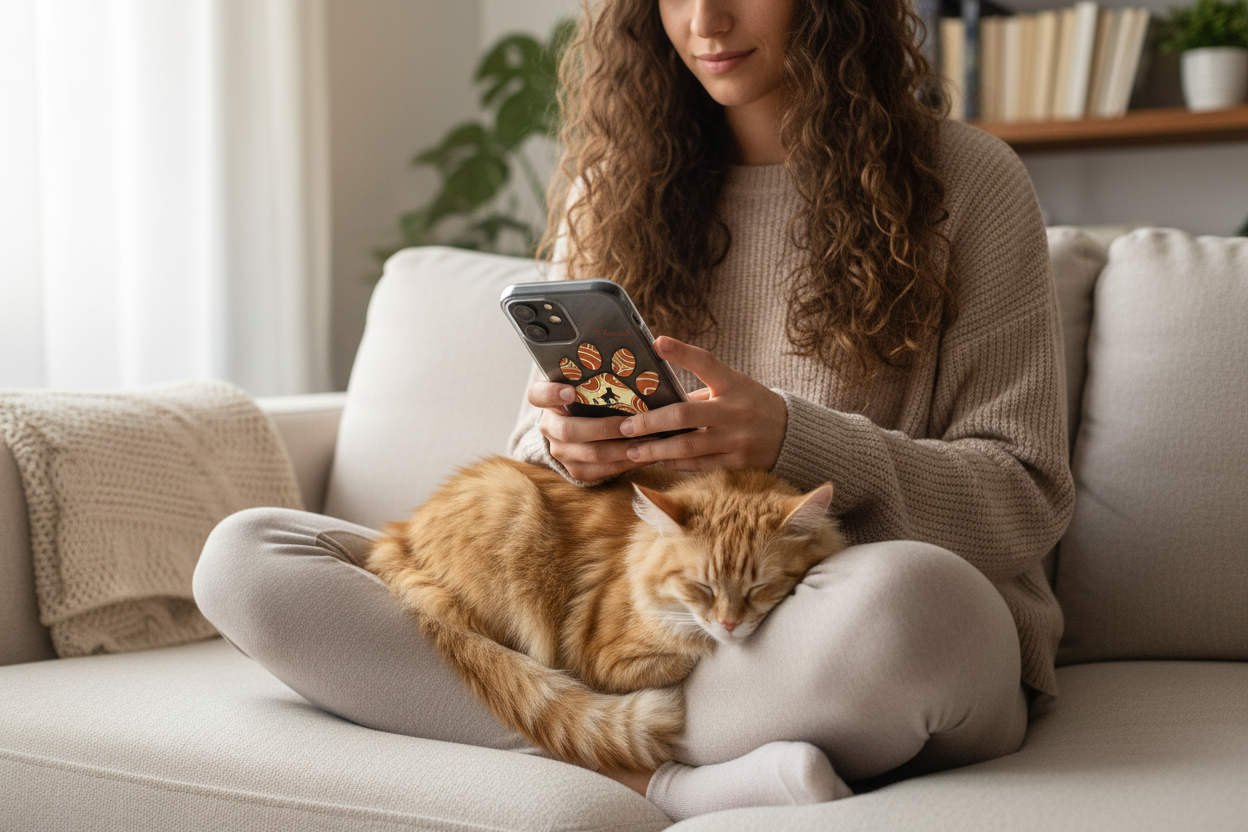 Personalized flexi iPhone case held by woman on couch with cat on lap