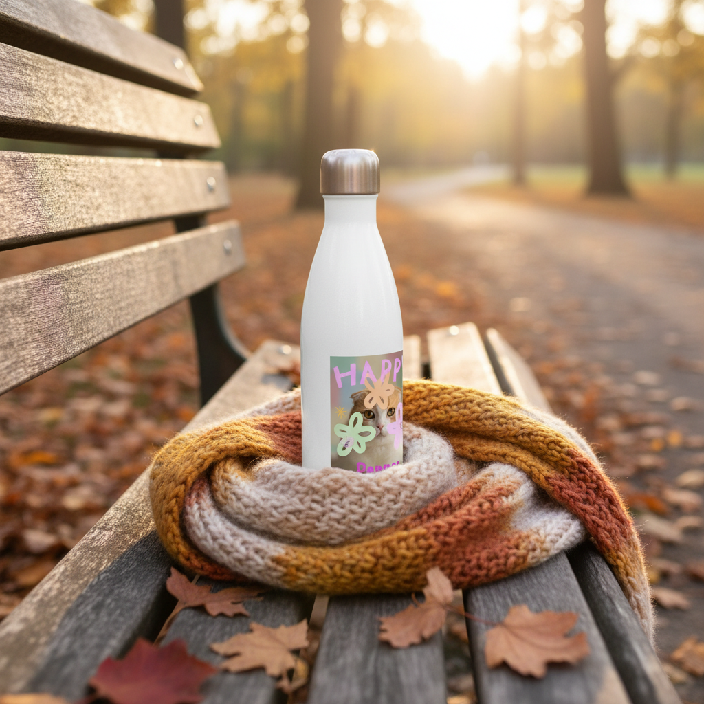 Personalized pet photo water bottle on park bench with autumn leaves — PawCraft Essentials