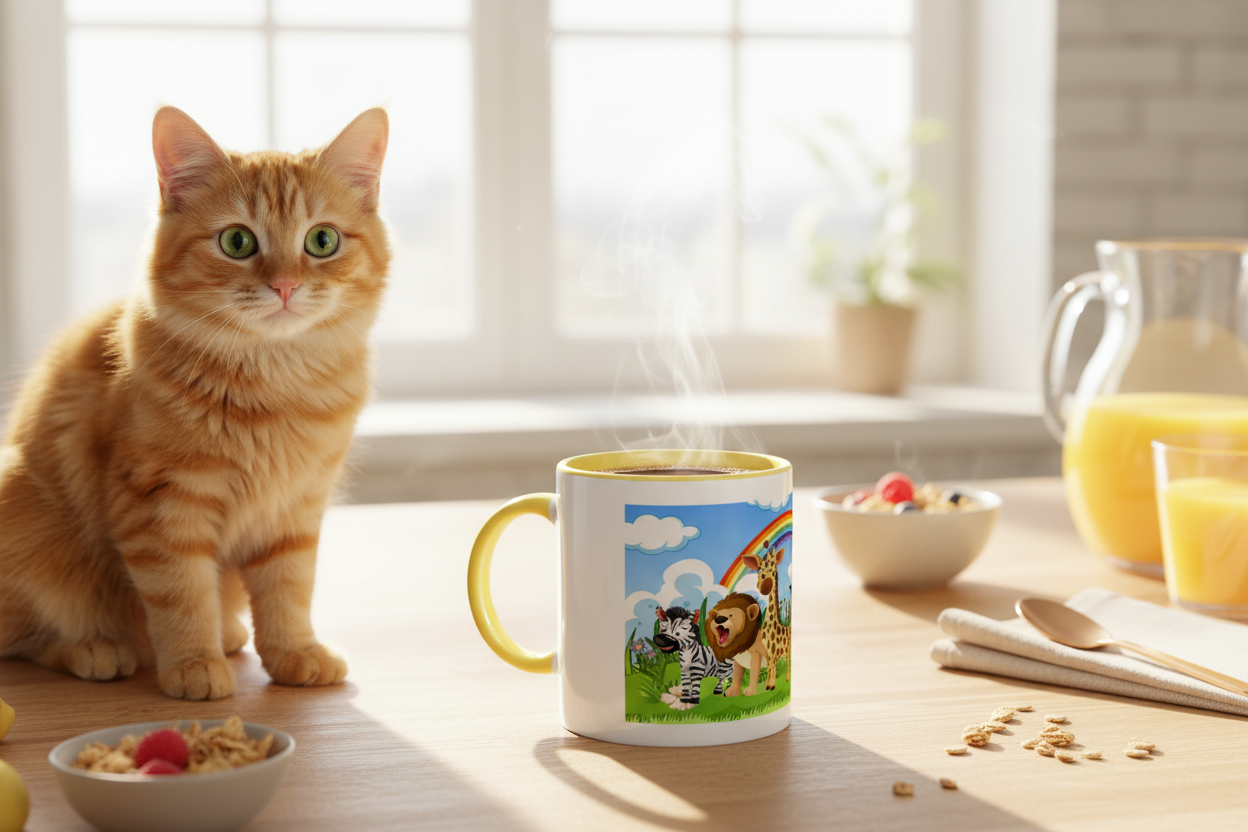 Personalized yellow ceramic mug on kitchen table with cat beside it