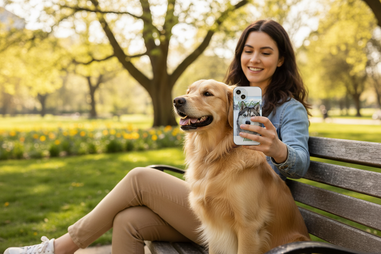 Personalized tough iPhone case held on park bench with golden retriever