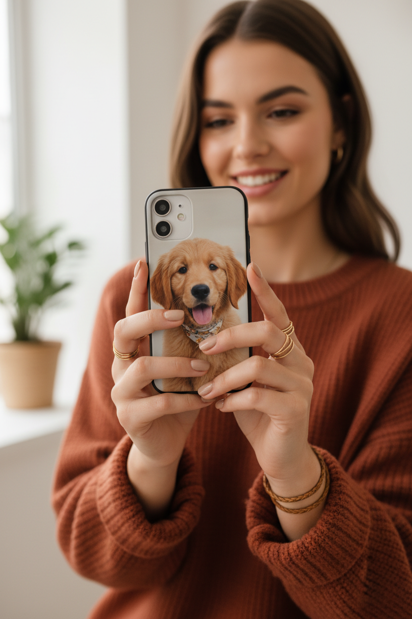 Woman holding personalized pet phone case indoors