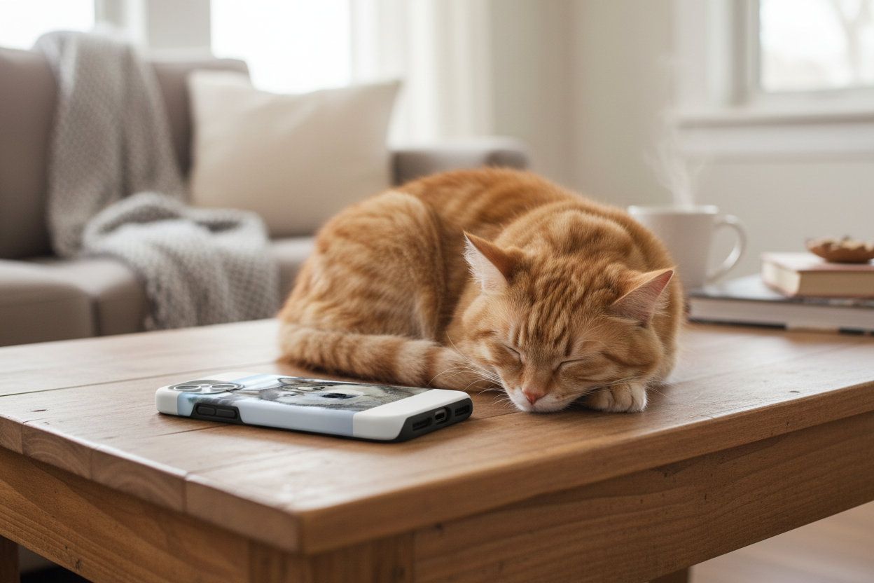 Personalized tough iPhone case on coffee table with sleeping cat